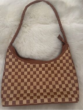 Checkerboard Shoulder Bag with Braided Strap in Brown & Tan